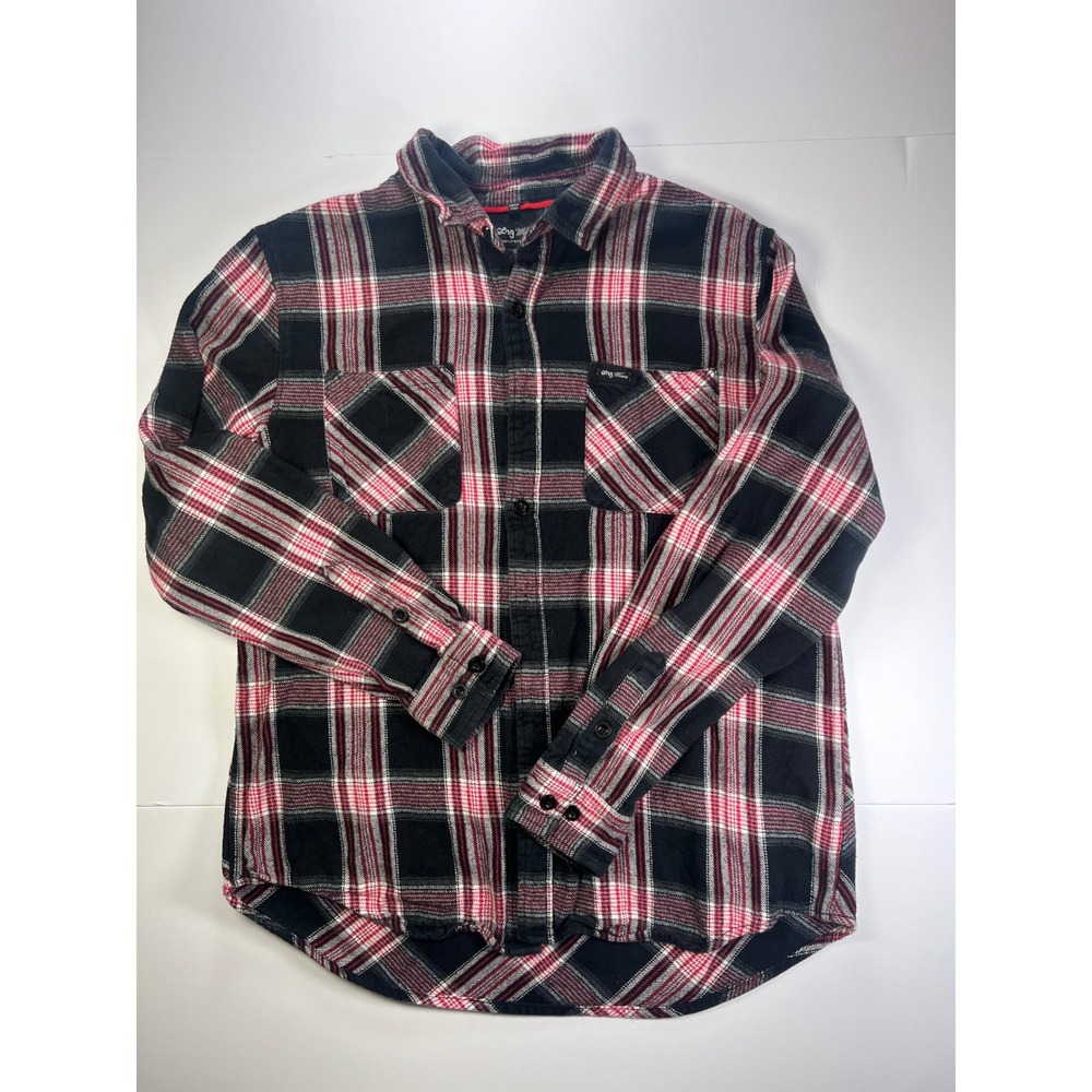 LRG Flannel Shirt Mens Large Black Red White Plaid Long Sleeve Button Up 0239